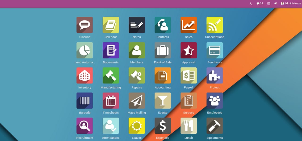  Odoo management interface with various modules, a realization of Fabien Pinckaers' vision for simplified, integrated business management.