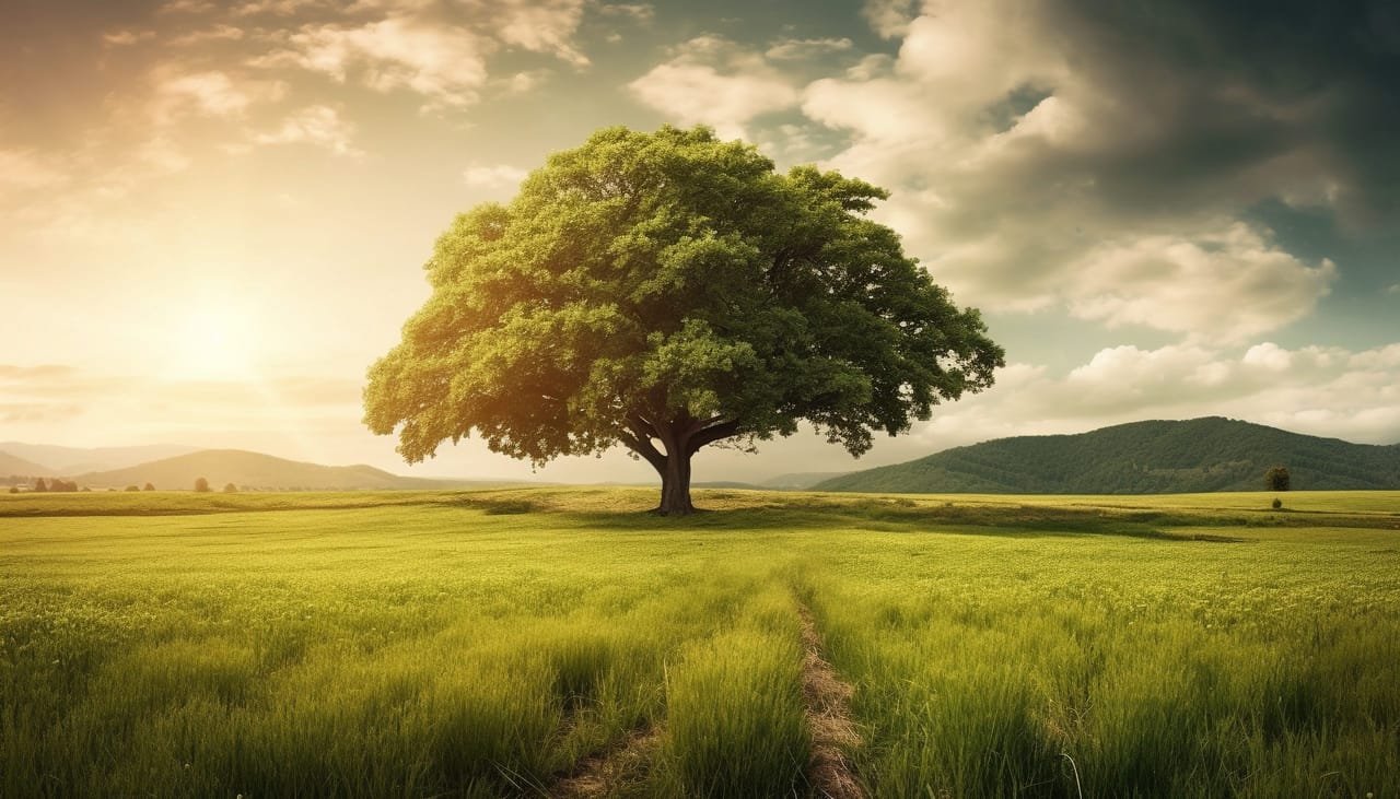 A solitary tree in a verdant meadow, a metaphor for the growth and continuity of the Van Waeyenberge family.