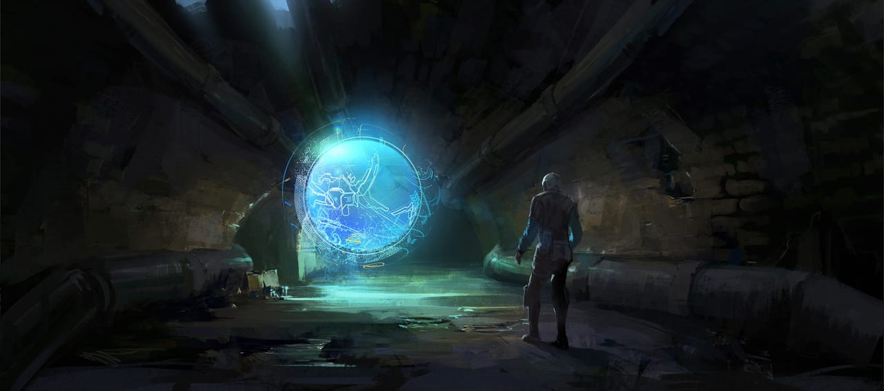 Digital hologram in a tunnel, illustrating technological advances in game graphics at Larian Studios, directed by Swen Vincke.