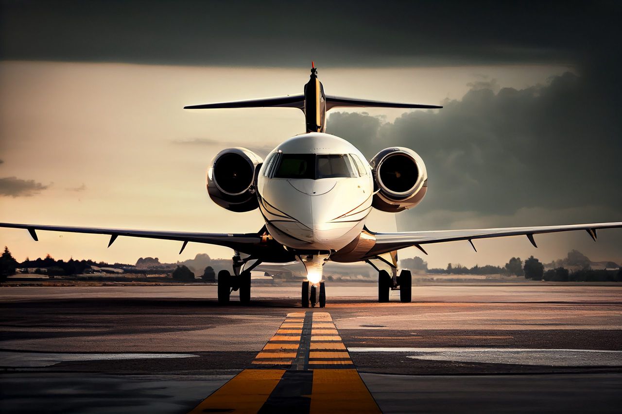  Jet privé sur une piste au crépuscule, symbolisant l'ascension de Tony Beeuwsaert dans l'industrie aéronautique.