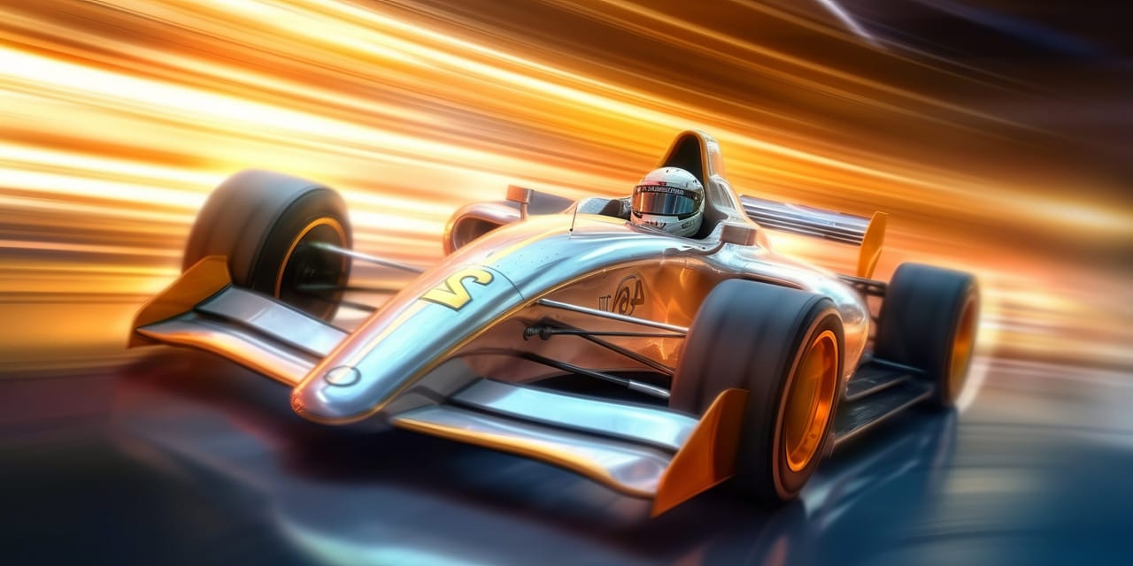 Racing car at full speed, reflecting the Uhoda family's interest in electric Formula 1 racing.