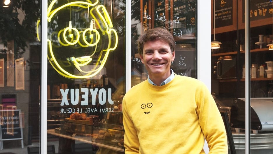 Yann Bucaille-Lanrezac in front of his Café Joyeux