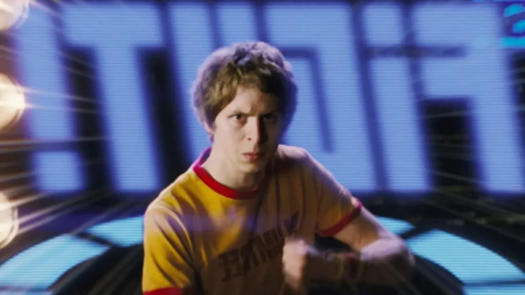 Michael Cera in Scott Pilgrim vs. the World - Illustrationsfoto des Artikels Vermögen Michael Cera