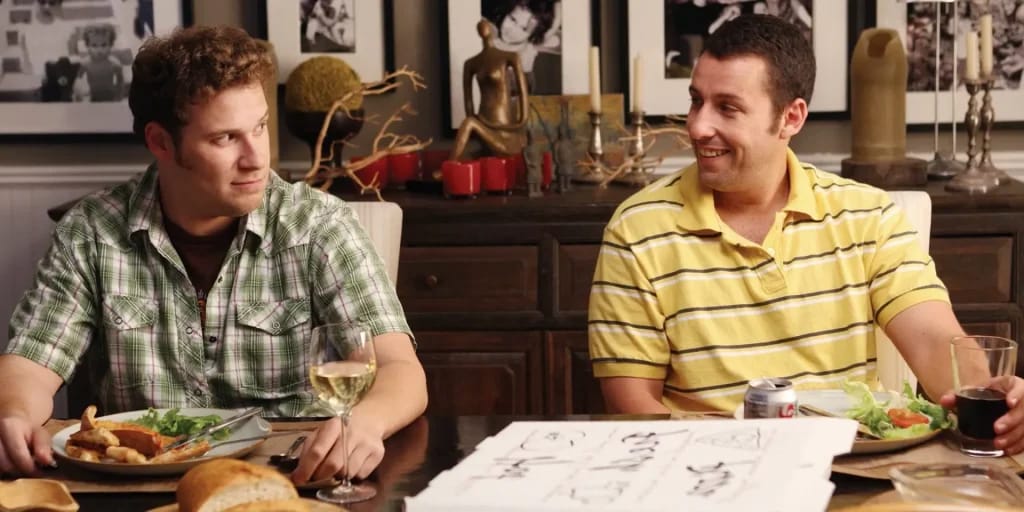 Seth Rogen en Adam Sandler in Funny People - Illustratiefoto van het artikel Vermogen Seth Rogen